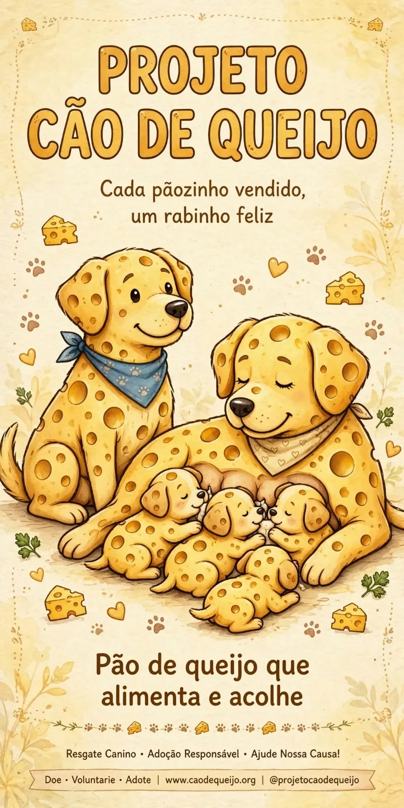 Cartaz do Projeto Cão de Queijo: cães ilustrados de queijo com seus filhotes. "Cada pãozinho vendido, um rabinho feliz" — resgate canino, adoção responsável, doe, voluntarie, adote.