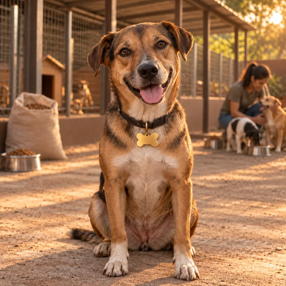 Cão vira-lata sorrindo com uma tag dourada na coleira