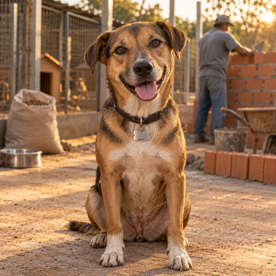 Cão vira-lata sorrindo com uma tag na coleira
